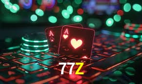 Escena dinámica inspirada en casino con iluminación 77Z, cartas, fichas e íconos de juegos digitales en un espacio moderno de juegos.
