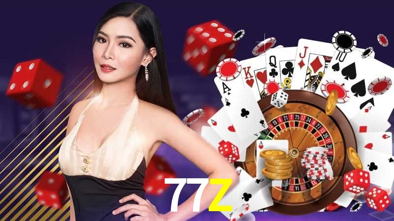 Una escena digital vívida inspirada en casino con 77Z mostrado prominentemente, luces brillantes, fichas, cartas y acentos dorados.